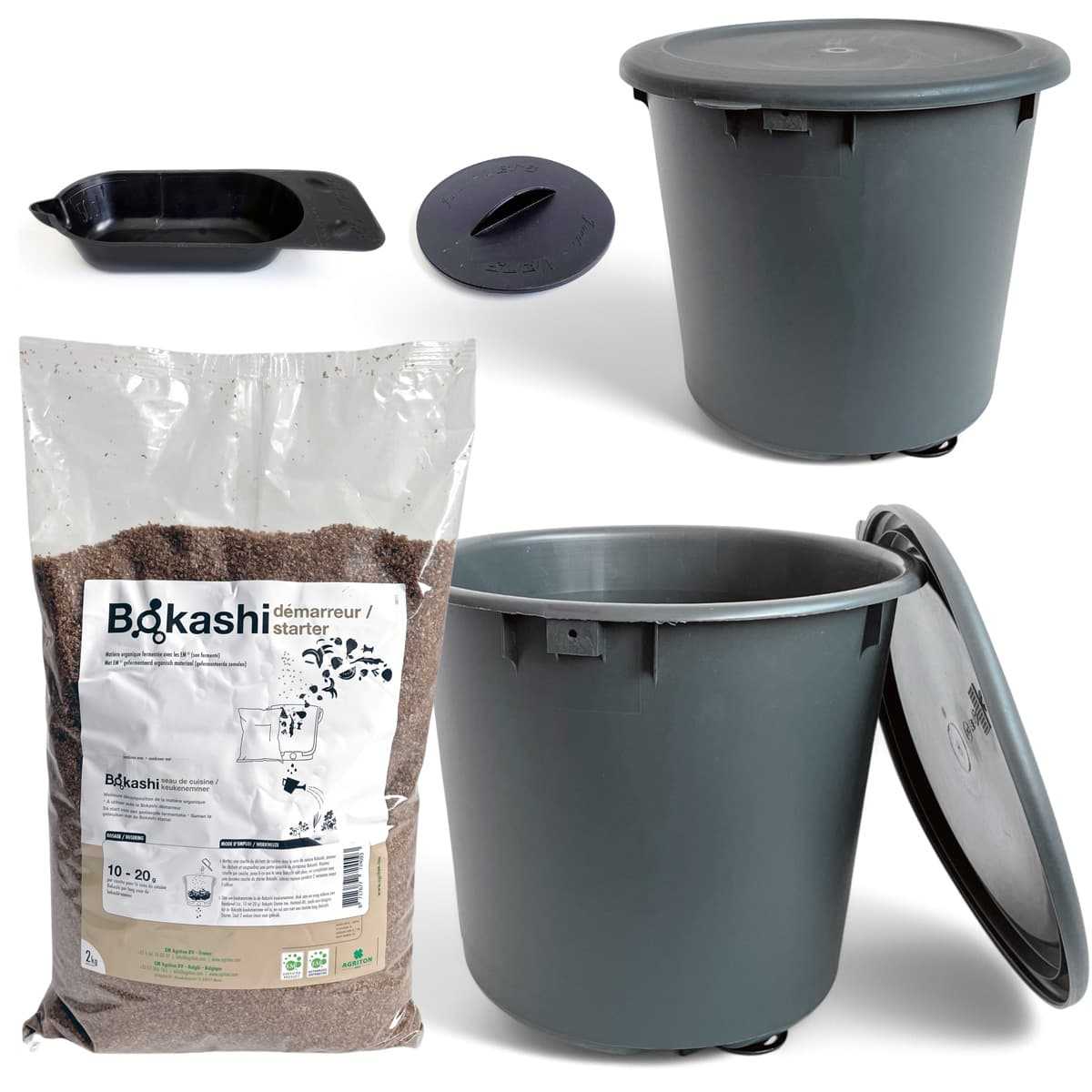 lot de 2 seaux bokashi gris activateur accessoires