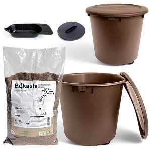 Bokashi Box Composteur de cuisine 10L - 1er prix - Lot de 2 seaux marron + 1 sac de son + pressoir + récupérateur de jus - D.26 x H.30,5 cm - Fabriqué en France