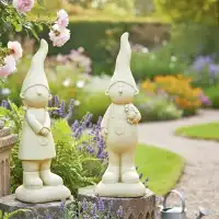 Lutins de jardin en pierre reconstituée, garçon et fille - Statuettes déco Beige L.15 x H.54cm