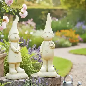 Lutins de jardin en pierre reconstituée, garçon et fille - Statuettes déco Beige L.15 x H.54cm