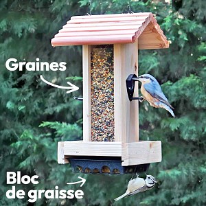 Lien vers un produit variante ou accessoire : Mangeoire pour oiseaux en bois PEFC - Perchoirs, silo et réservoir à bloc de graisse