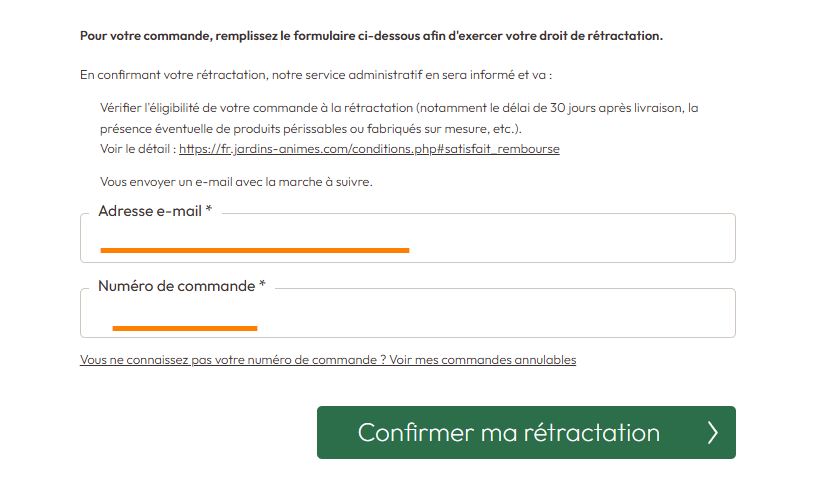 Informations nécessaires pour faire une demande de rétractation de commande