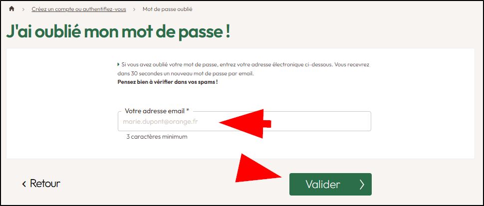Renseigner son email pour recevoir un nouveau mot de passe