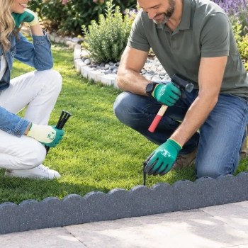 Installation de la bordure effet pav&eacute; en caoutchouc le long d'une all&eacute;e avec pelouse