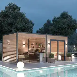 Aménagement d'un abri de jardin avec pergola pour créer une poolhouse Aménagement d'un abri de jardin avec pergola pour créer une poolhouse