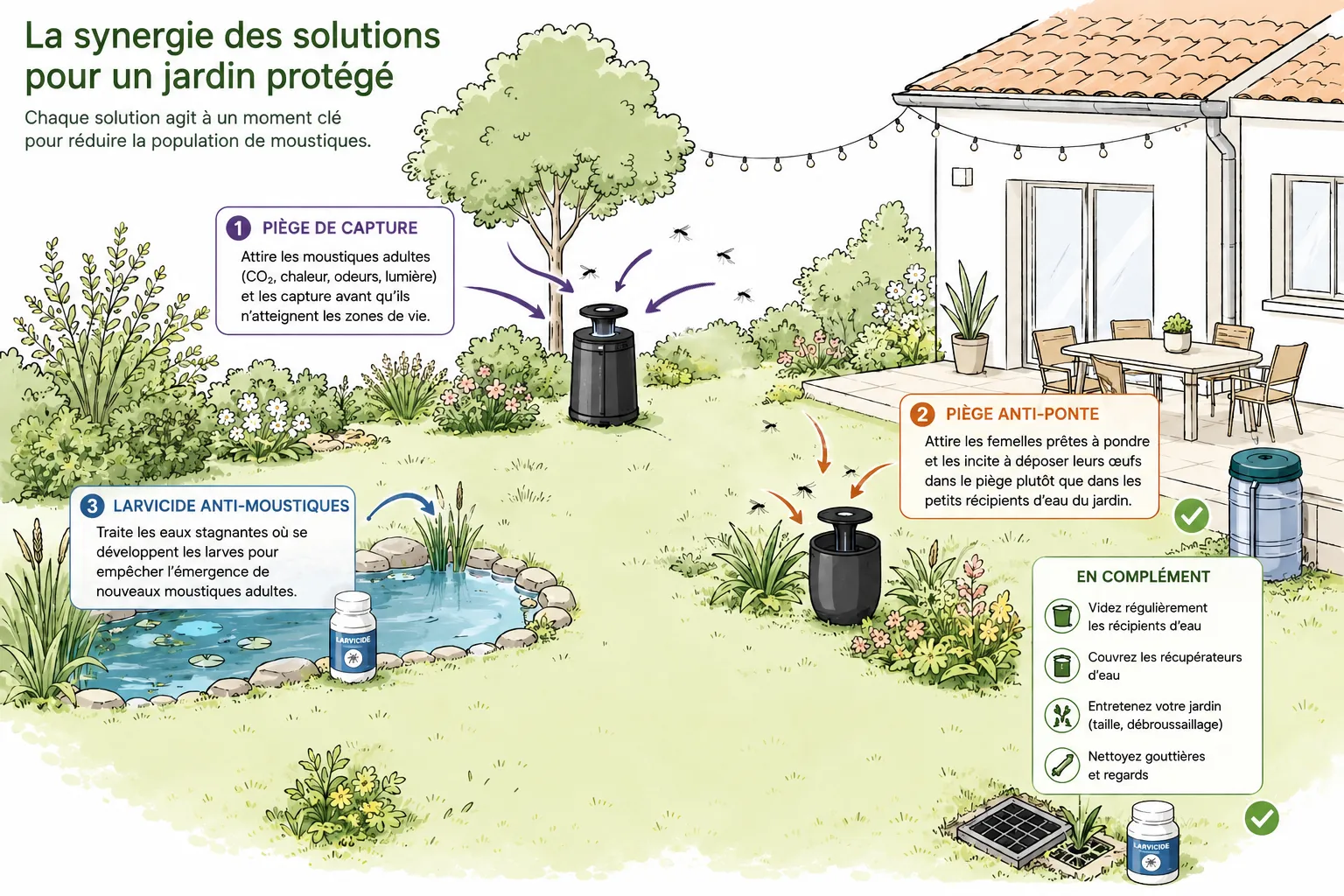 Utilisation de diff&eacute;rents types de pi&egrave;ges anti moustiques en synergie dans le jardin