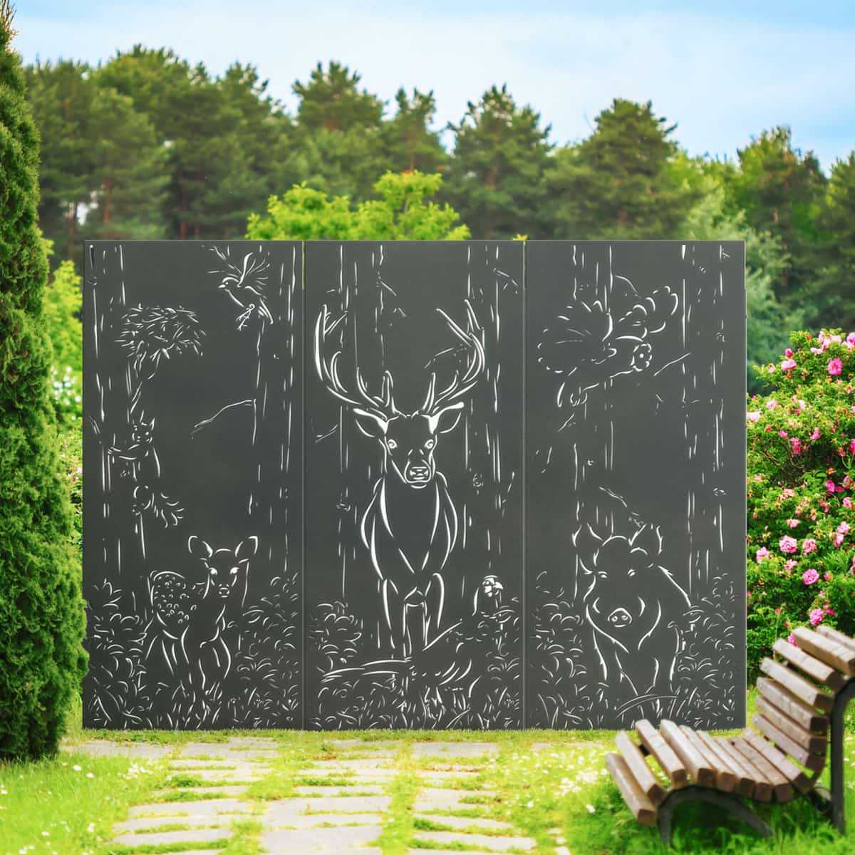 Panneau décoratif extérieur en métal H. 180cm - Animaux de la forêt