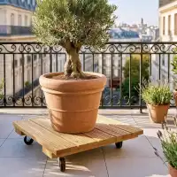 Support plantes carr&eacute; &agrave; roulettes en chataigner