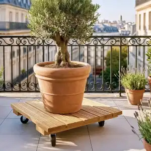Support plantes carré à roulettes en chataigner