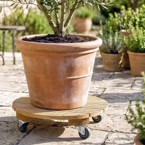 Porte plante rond à roulettes en chataigner