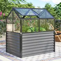 Carré potager surélevé avec serre amovible - Aluminium noir et verre trempé L.127 x l.89 x H.135cm
