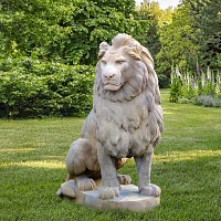 Statue de lion assis en pierre composite - tête à droite