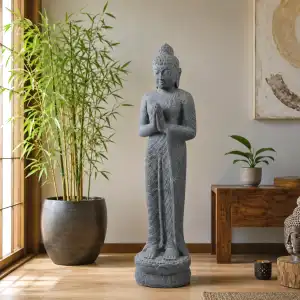 Statue de bouddha debout en pierre reconstituée - Fabrication artisanale L.37 x H.116cm