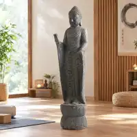 Statue bouddha debout Abhaya mudra en pierre reconstituée - Fabrication artisanale L.42 x H.152cm