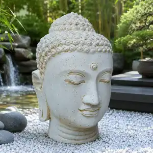Tête de Bouddha en pierre reconstituée - Statue artisanale, Beige D.72 x H.100cm