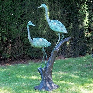 Statue Hérons, Oiseaux sur une branche en bronze - Sculpture animaux de jardin - L. 68 x l. 42 x H. 130 cm