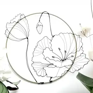 Décoration murale artisanale en fil métallique - Tableau fleurs de Coquelicot D.20cm