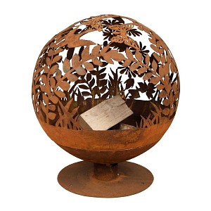 Brasero rond en métal rouillé - décor floral