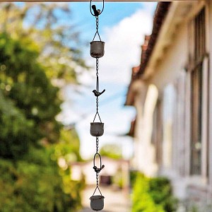 Chaine de pluie en métal Oiseaux et Chaudrons, patine bronze - L. 1,66m