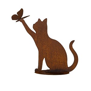 Silhouette chat attrapant un papillon en métal rouillé