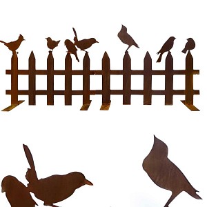 Clôture déco et silhouette oiseaux en métal rouillé, sur socle - Long. 120cm