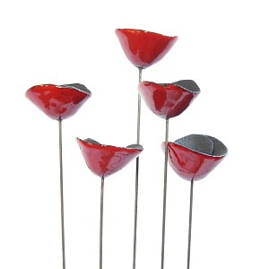 Coquelicots rouge en céramique sur tige - Diam.5cm - lot de 5
