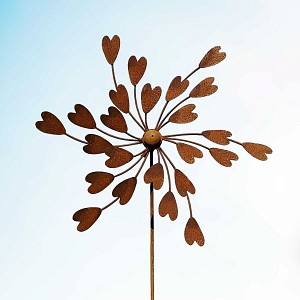 Éolienne de jardin en fer rouillé D.55 x H.140cm - Coeurs