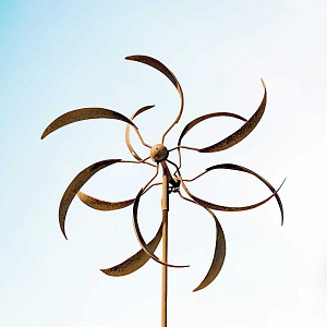 Éolienne de jardin en fer rouillé D.55 x H.195cm - Feuilles de saule