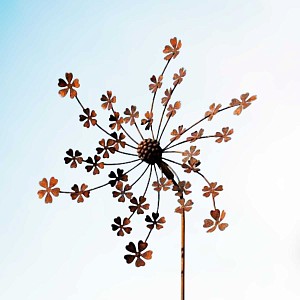 Éolienne de jardin en fer rouillé D.50 x H.156cm - Fleurs d'hortensia
