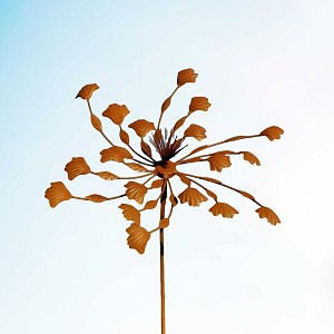 Éolienne de jardin en fer rouillé D.58cm x H.160cm - Ginkgo biloba