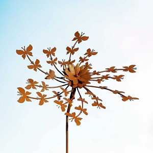 Éolienne de jardin en fer rouillé D.53 x H.160cm - Papillons