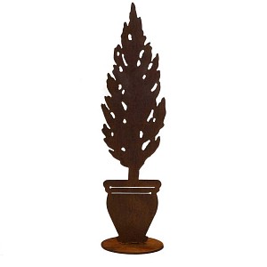 Déco de jardin en métal rouillé - cyprès en pot H. 55 cm