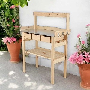 Table de jardinage en bois naturel - zinc et étagère - L. 80 x l. 38 x H. 113 cm